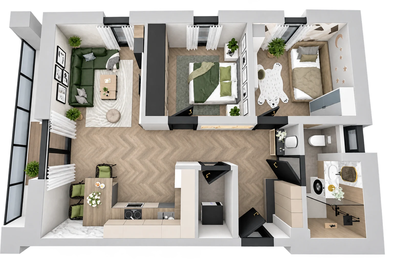 Przykładowa aranżacja 3D typu mieszkania o powierzchni 57,56 m²